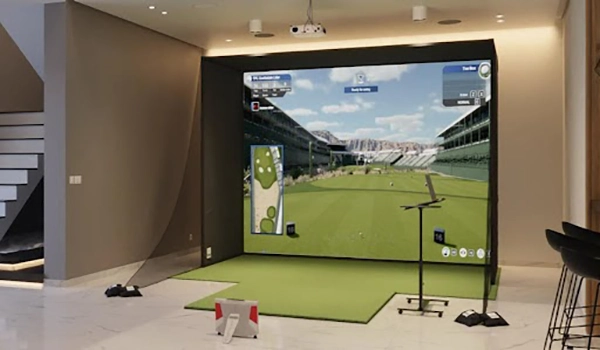 High-end indoor golf simulator with projector and hitting mat
